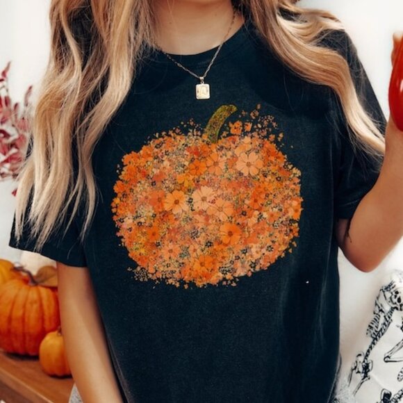 Tops - Floral Pumpkin Shirt, Flower Pumpkin Shirt, Fall Shirt